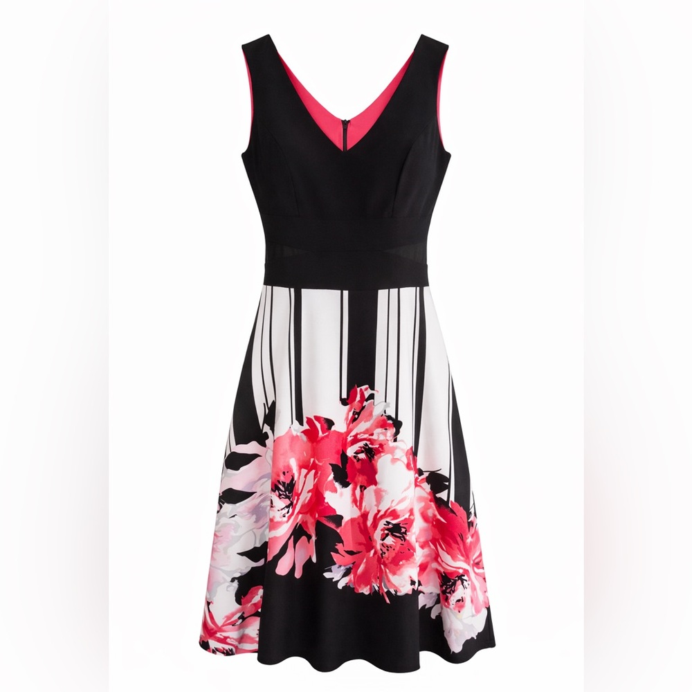 Frank Lyman Design Black and Pink Floral Midi Dress